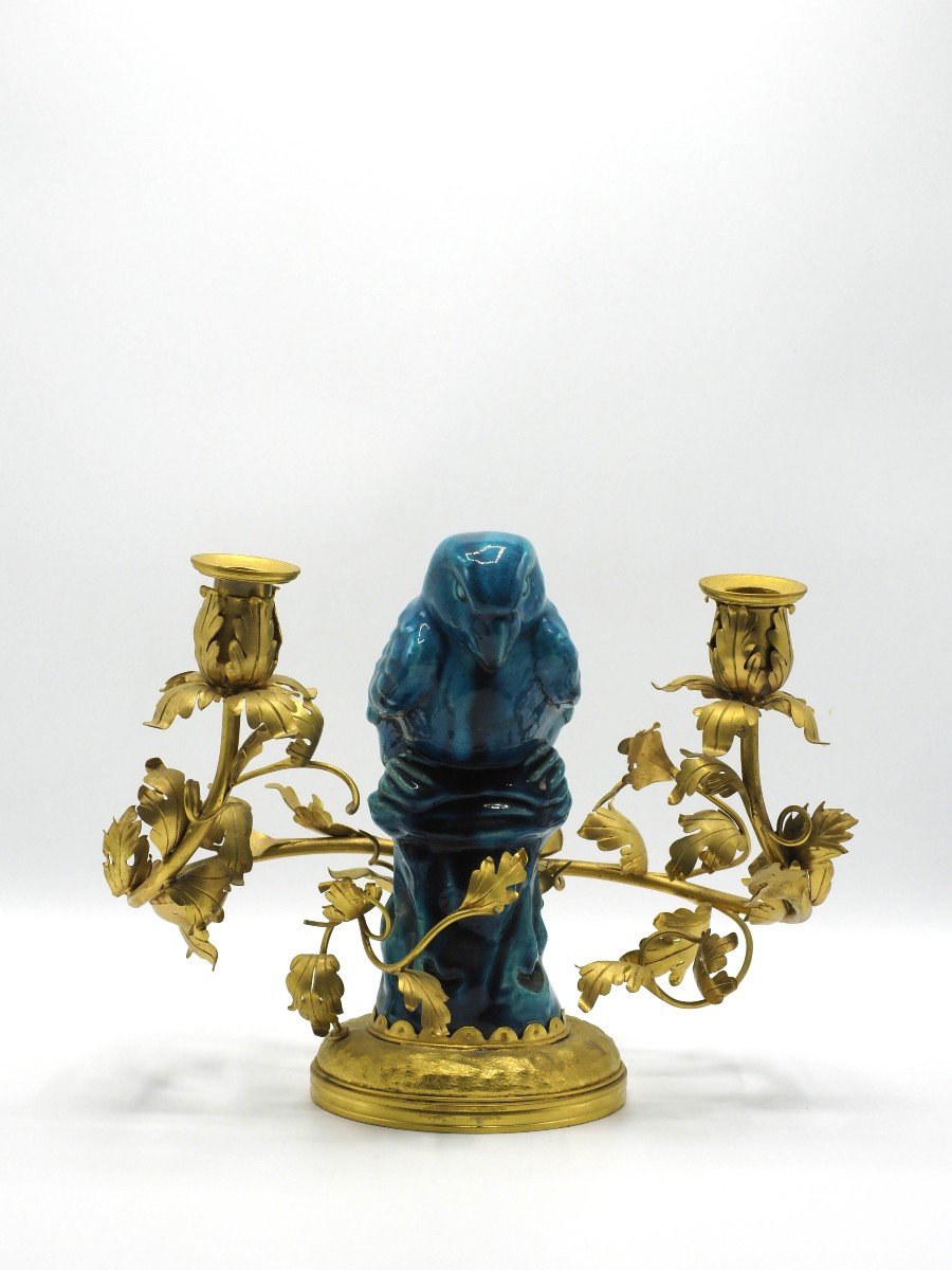 Bougeoir En Bronze Doré Et Porcelaine Bleue