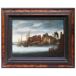Entourage de Peeter Bonaventura, Paysage fluvial avec village et embarcations Huile sur panneau