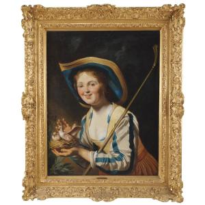 Gerrit Van Honthorst (disciple de),  La Bergère au nid d'oiseau, Huile sur toile