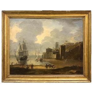 Disciple d'Abraham Storck, Port méditerranéen avec voiliers, personnages et architecture côtièr
