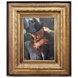 Lino Selvatico, Portrait Of A Bearded Man With Hat, Oil On Panel, Cm 34×24.5
