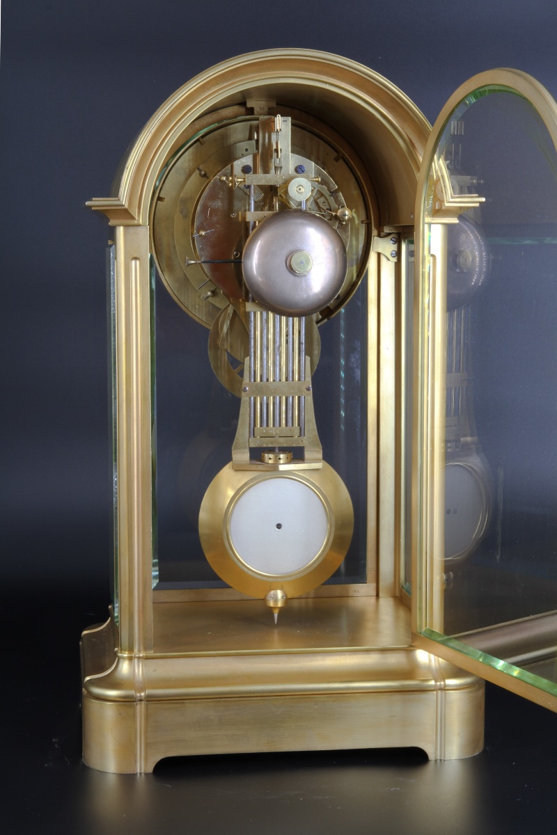 Pendule CAGE VITRÉE EN BRONZE DORÉ avec echappement visible, date et equation du temp-photo-3