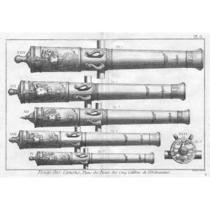 5 Gravures Encadrées De Canons Du XVIIIe Siècle